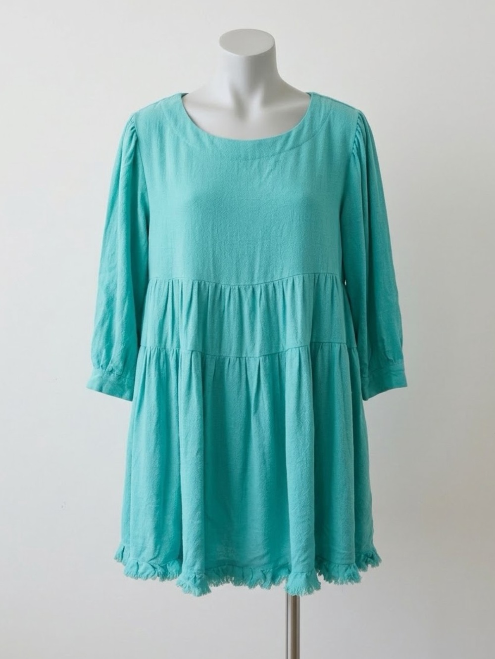 Umgee Turquoise Oversized Tiered Babydoll Boho Tunic Top Raw Fringe Hem Small